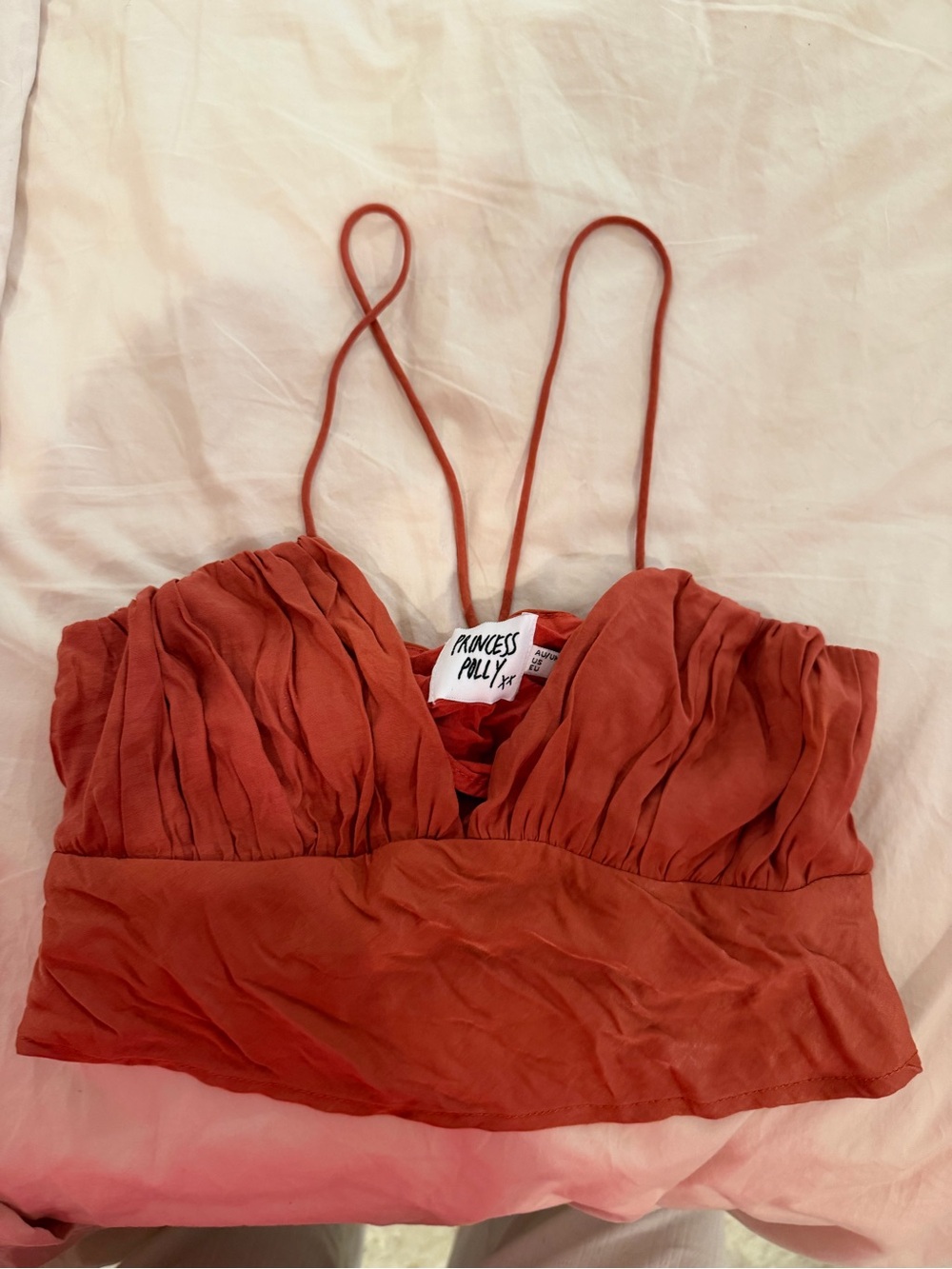 Princess Polly Rust Orange Ruched Spaghetti Strap Crop Top